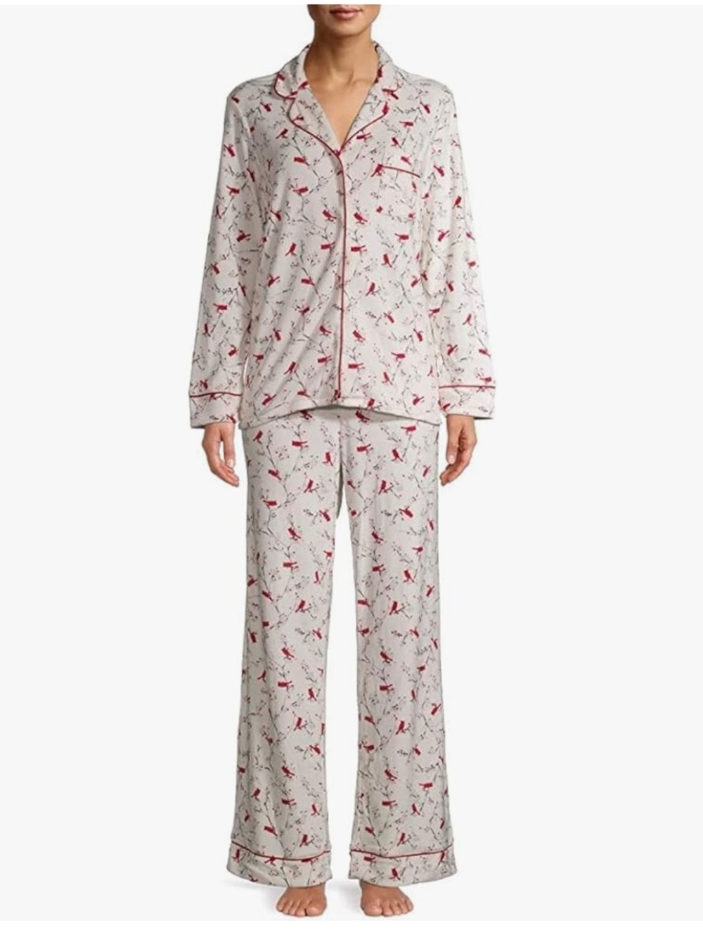 Secret Treasures winter White Pajama Set with Red Cardinal Print